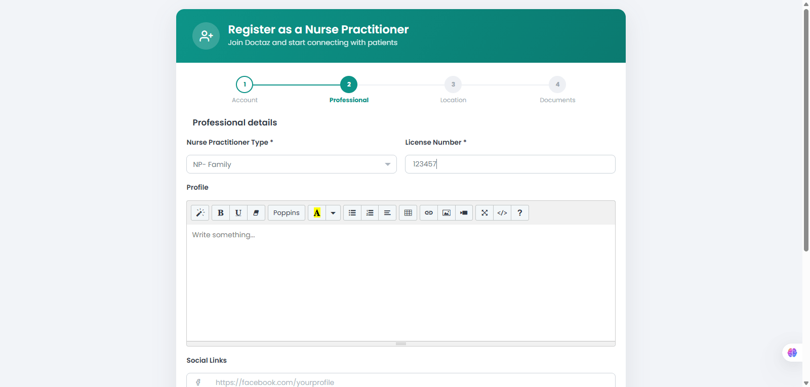 Enter Professional Details