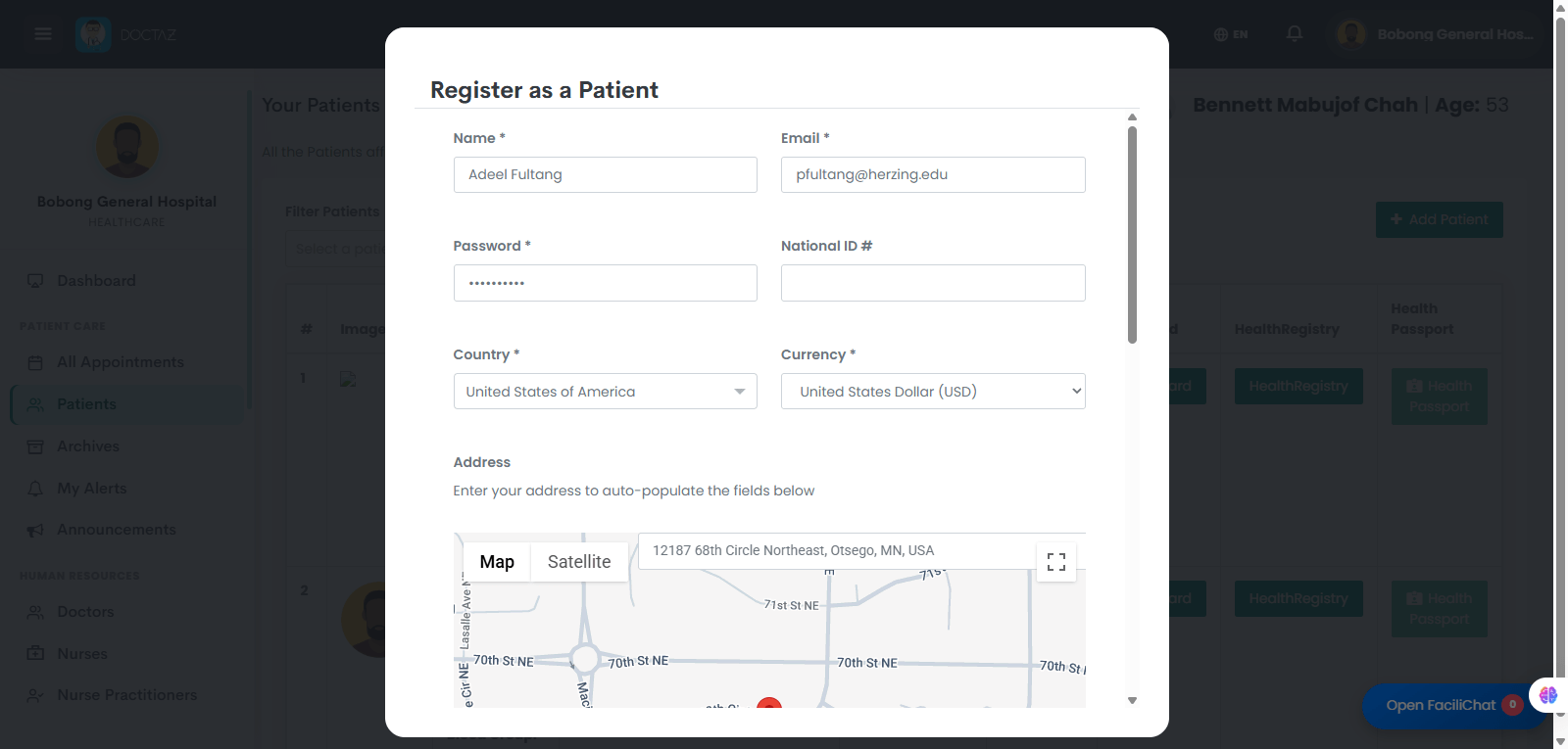 Patient Not Registered on Doctaz